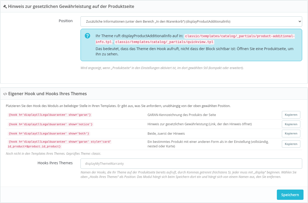 Position des Hinweises, Hook des Moduls und Hooks des Themes