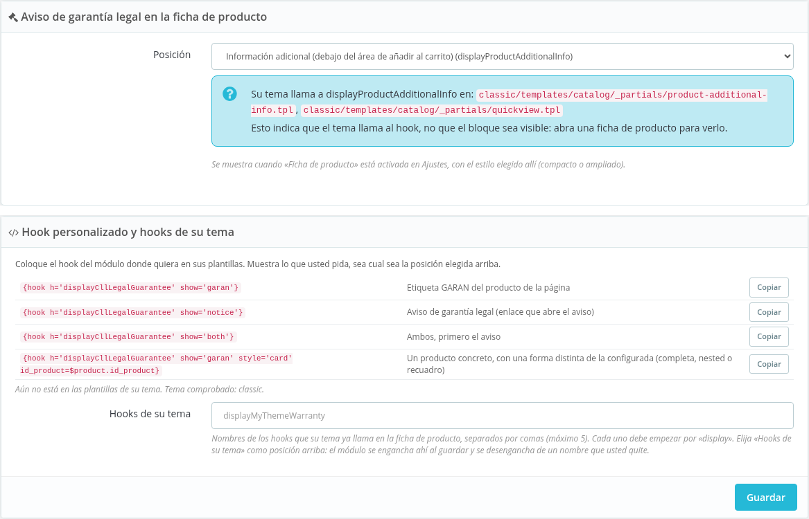 Posición del aviso, hook del módulo y hooks del tema