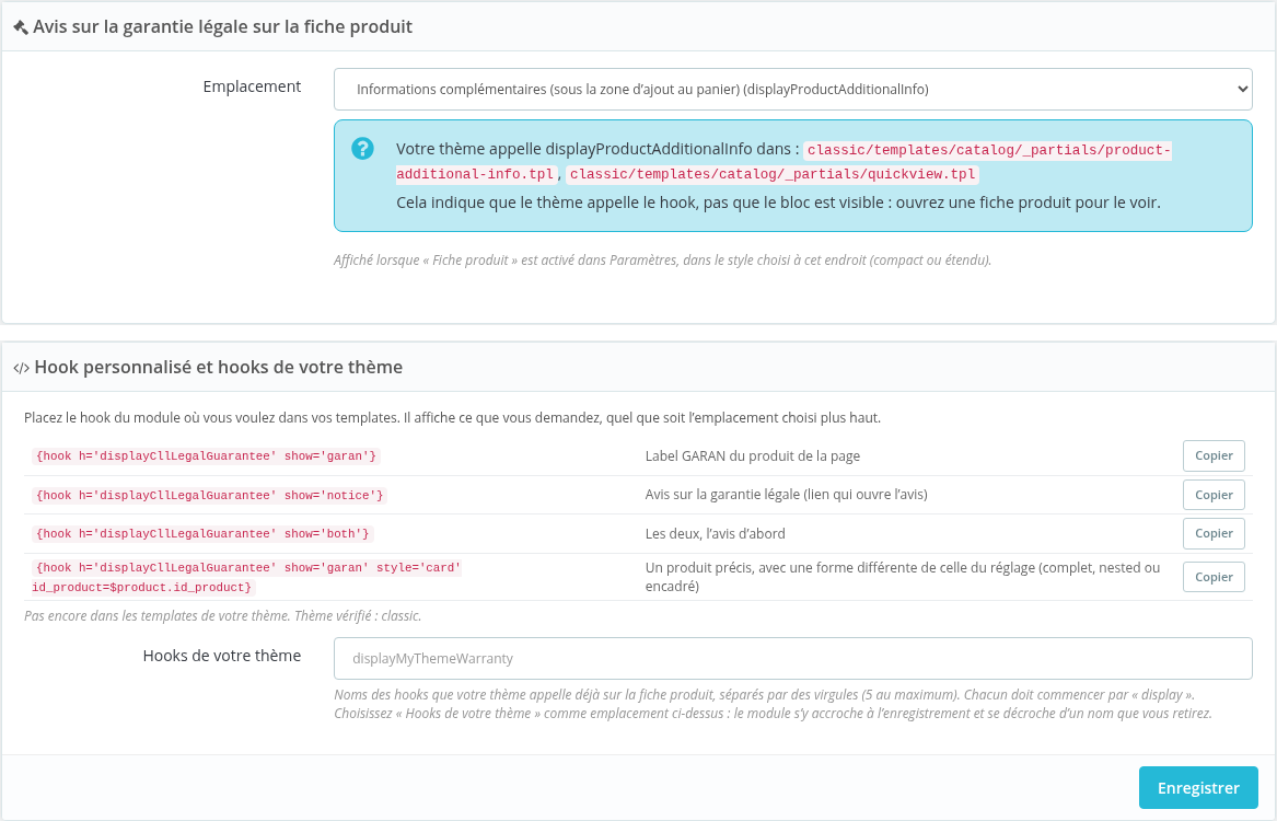 Emplacement de l'avis, hook du module et hooks du thème