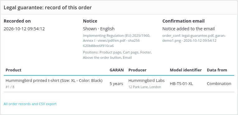 Record of an order on the order page