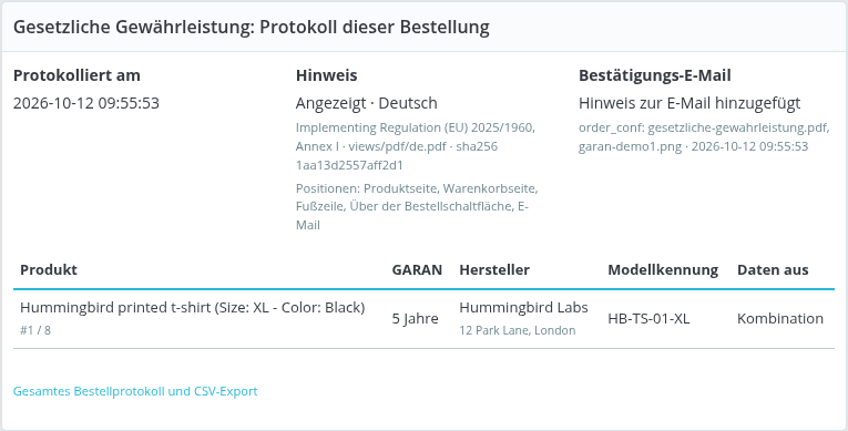 Protokoll einer Bestellung auf der Bestellseite