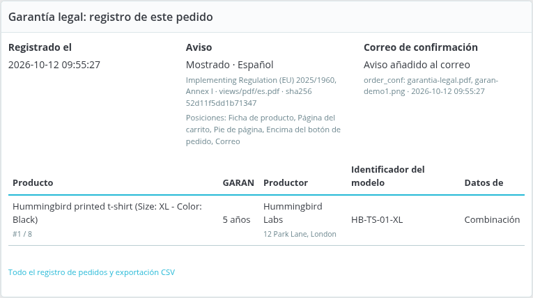 Registro de un pedido en la página del pedido