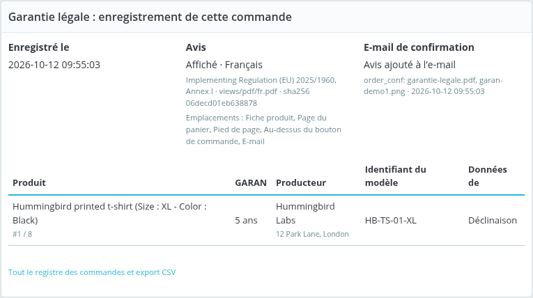 Enregistrement d'une commande sur la page de la commande
