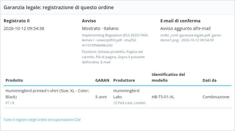 Registro di un ordine nella pagina dell'ordine