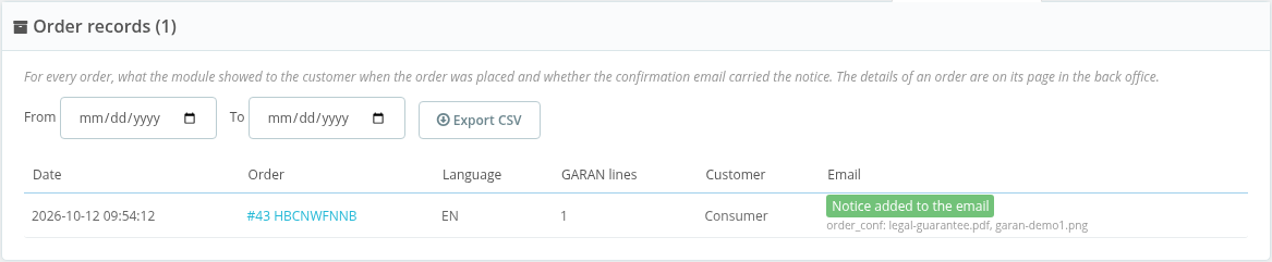 Order records tab with CSV export