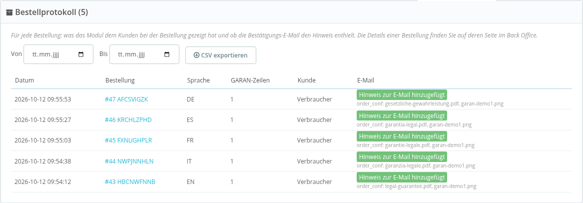 Registerkarte Order records mit CSV-Export