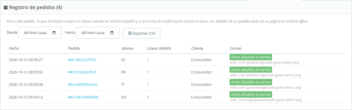 Pestaña Order records con exportación CSV