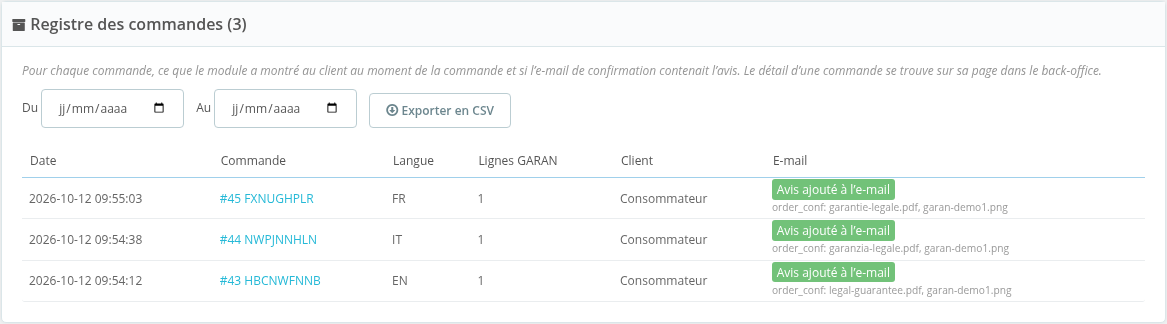 Onglet Order records avec export CSV