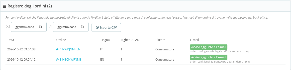 Scheda Order records con esportazione CSV