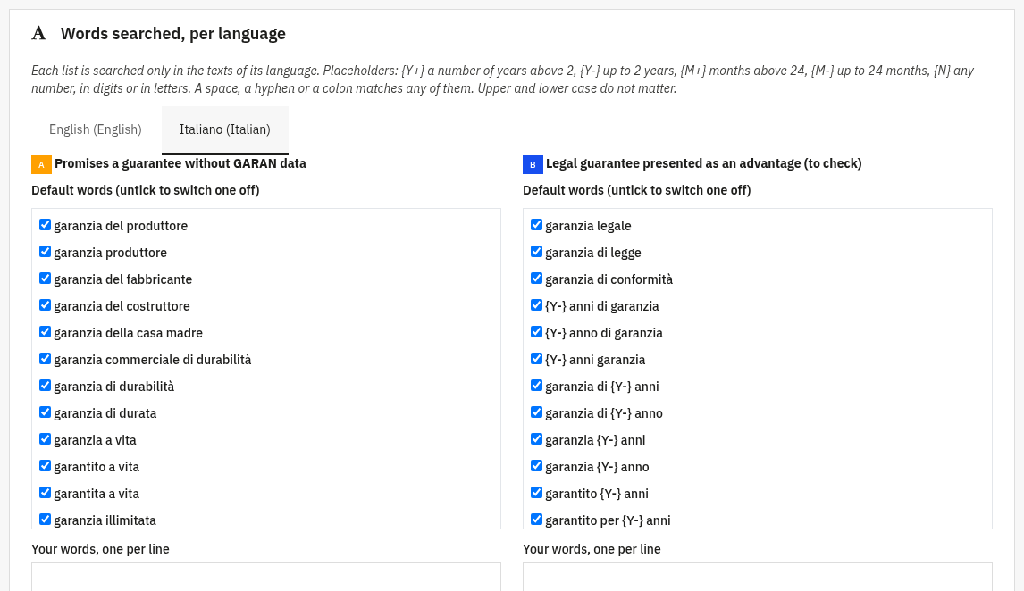Word lists per language