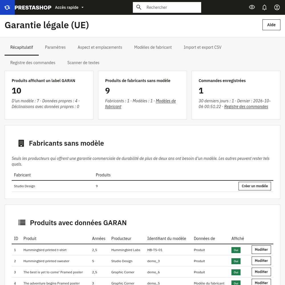 Onglet Summary du module