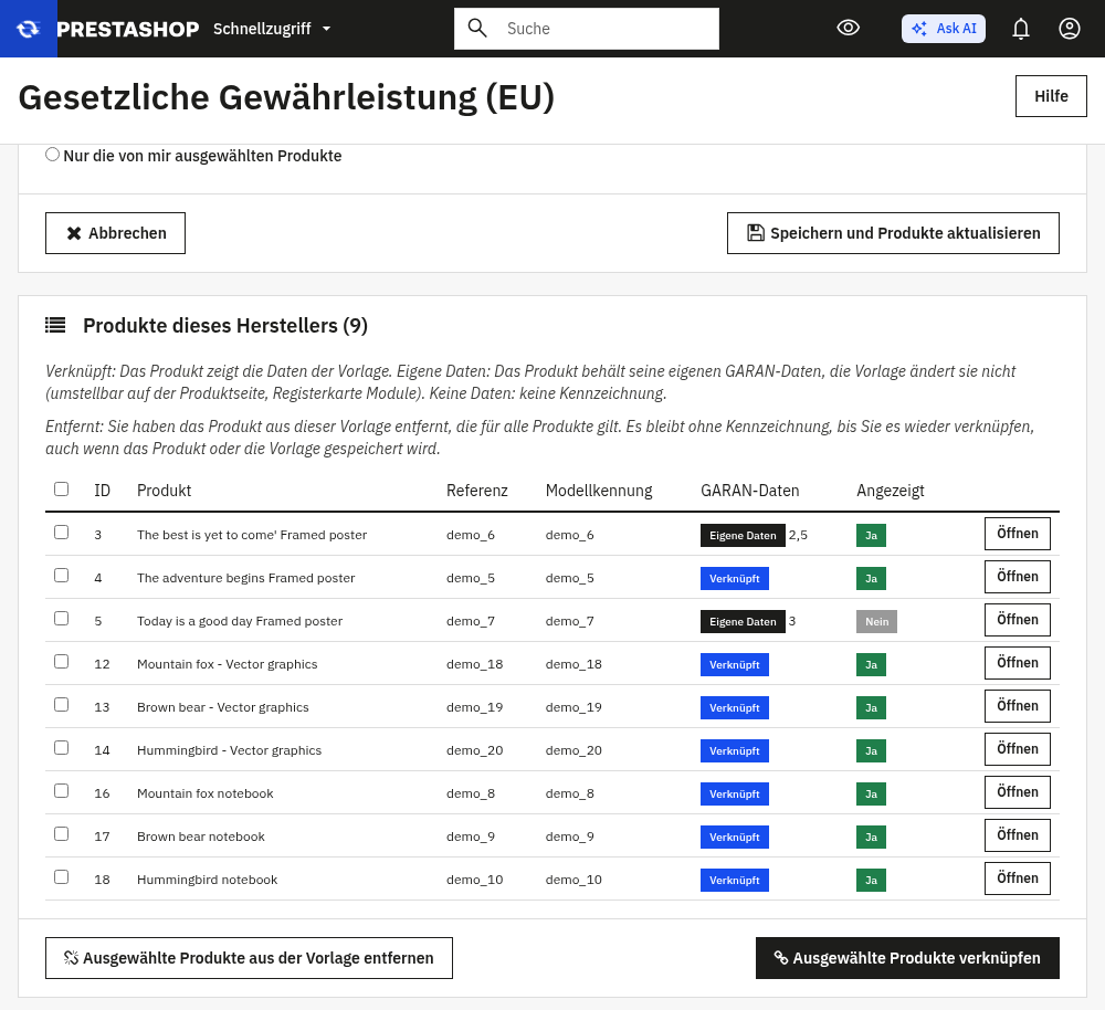 Mit einer Vorlage verknüpfte Produkte