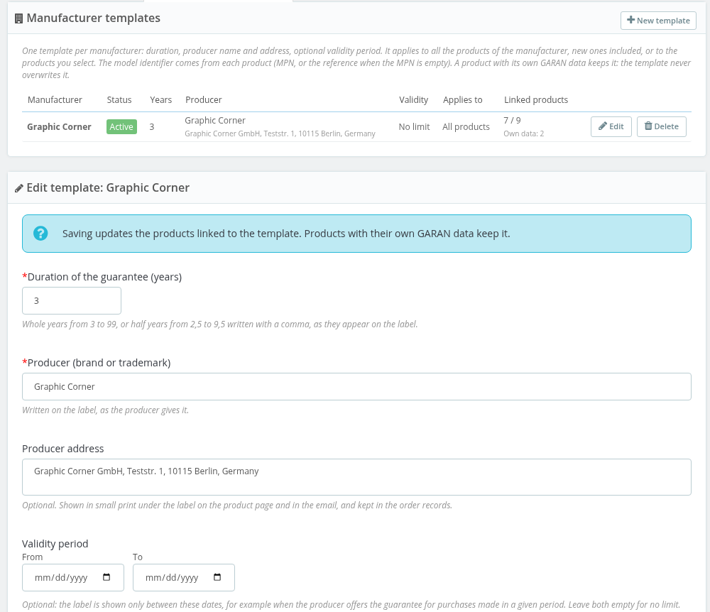 List of manufacturer templates and template form