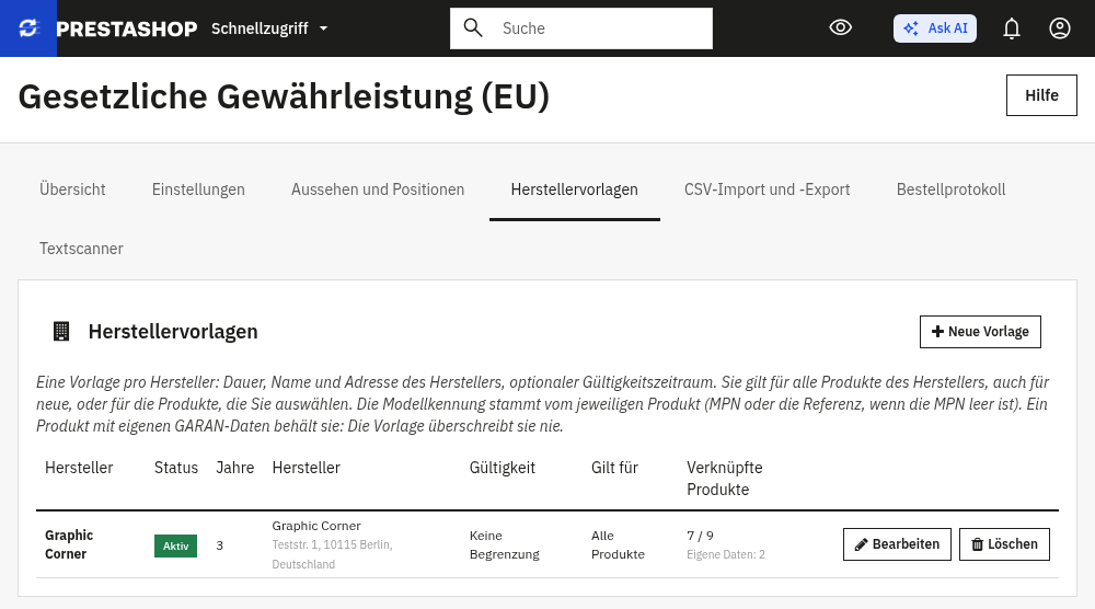 Liste der Herstellervorlagen und Formular einer Vorlage