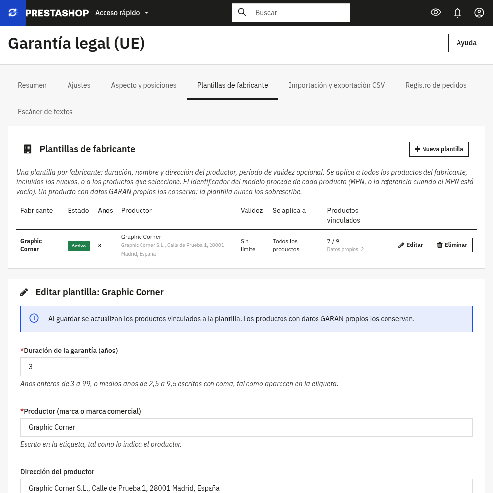 Lista de plantillas por fabricante y formulario de una plantilla