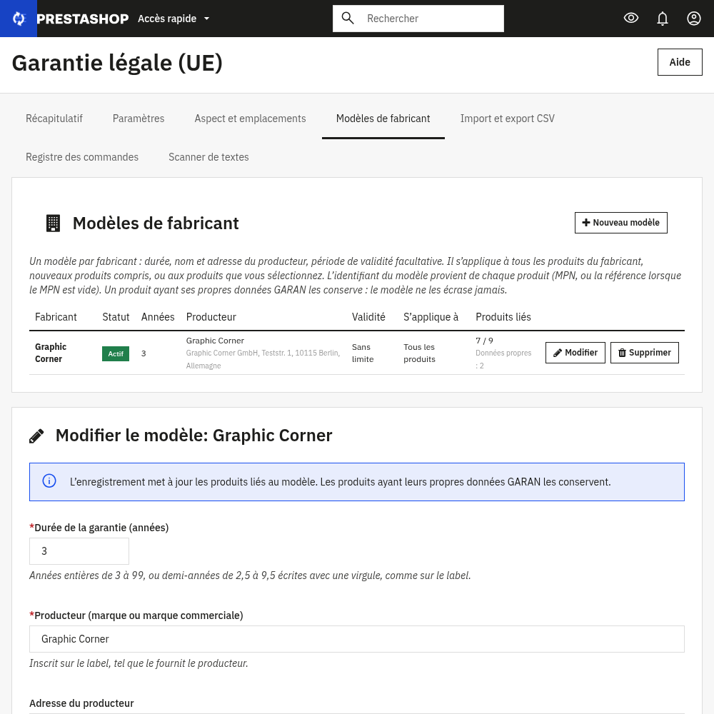 Liste des modèles par fabricant et formulaire d'un modèle