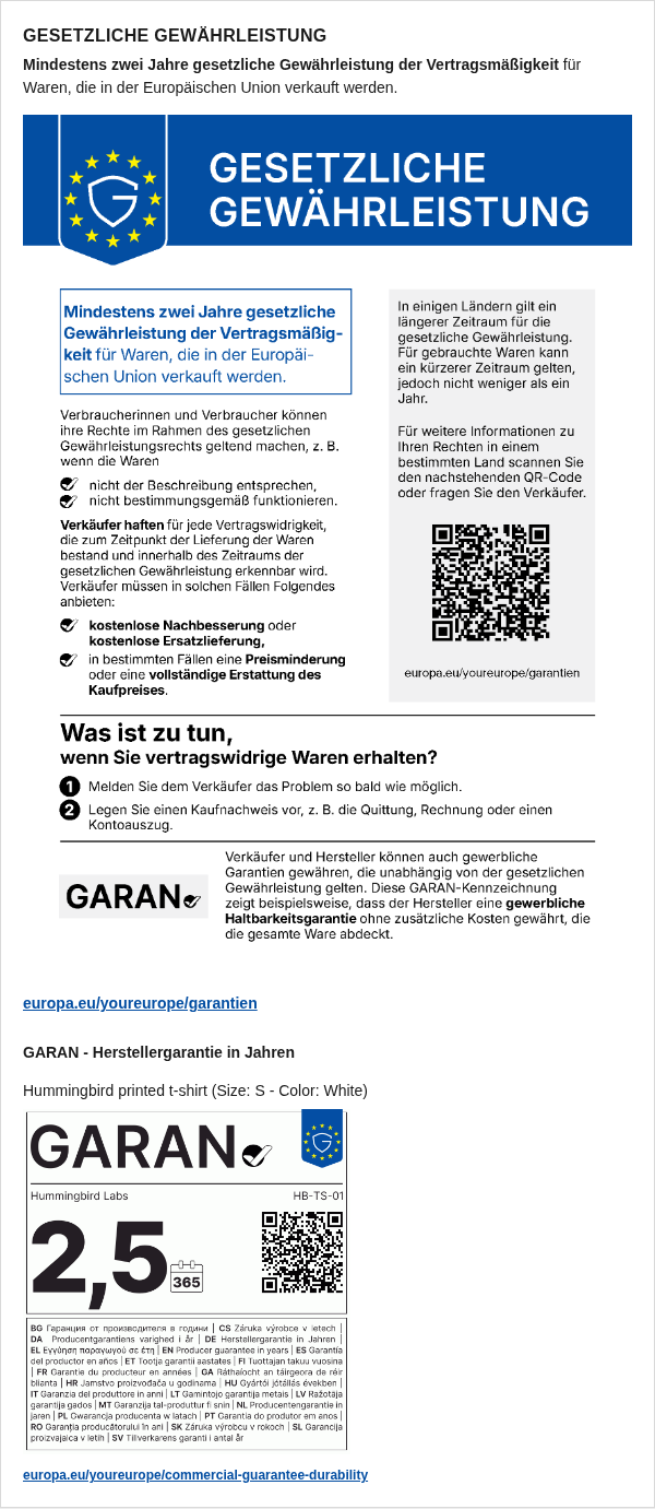 Hinweis und GARAN-Kennzeichnung in der Bestellbestätigung