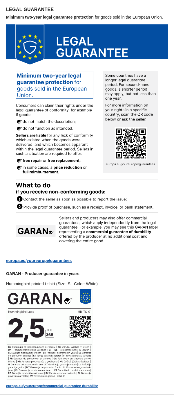Notice and GARAN label in the order confirmation email