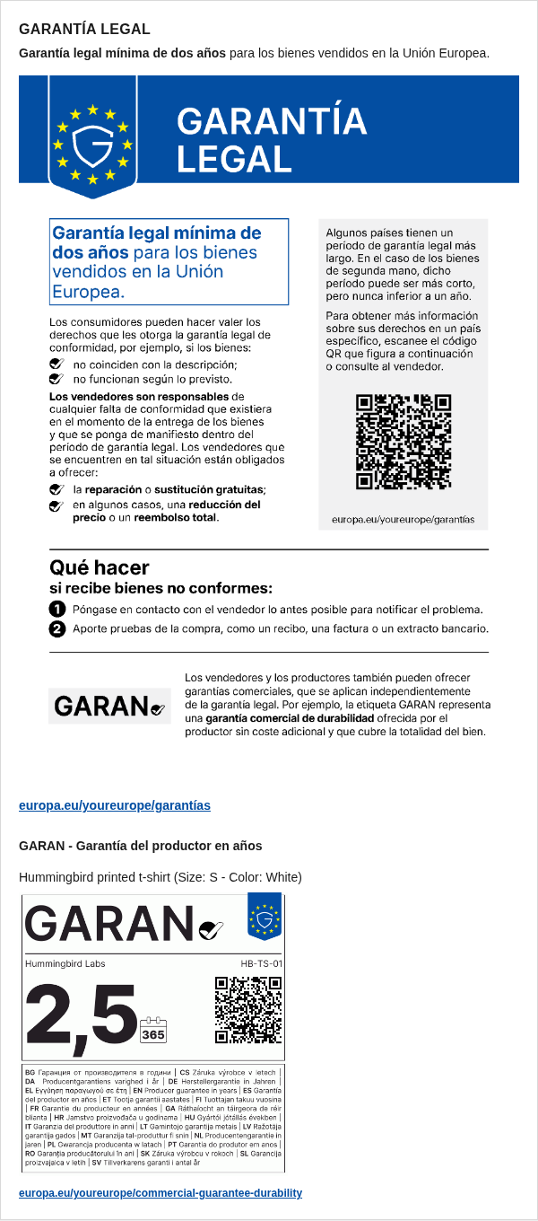 Aviso y etiqueta GARAN en el correo de confirmación del pedido