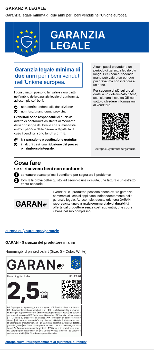 Avviso ed etichetta GARAN nella mail di conferma d'ordine