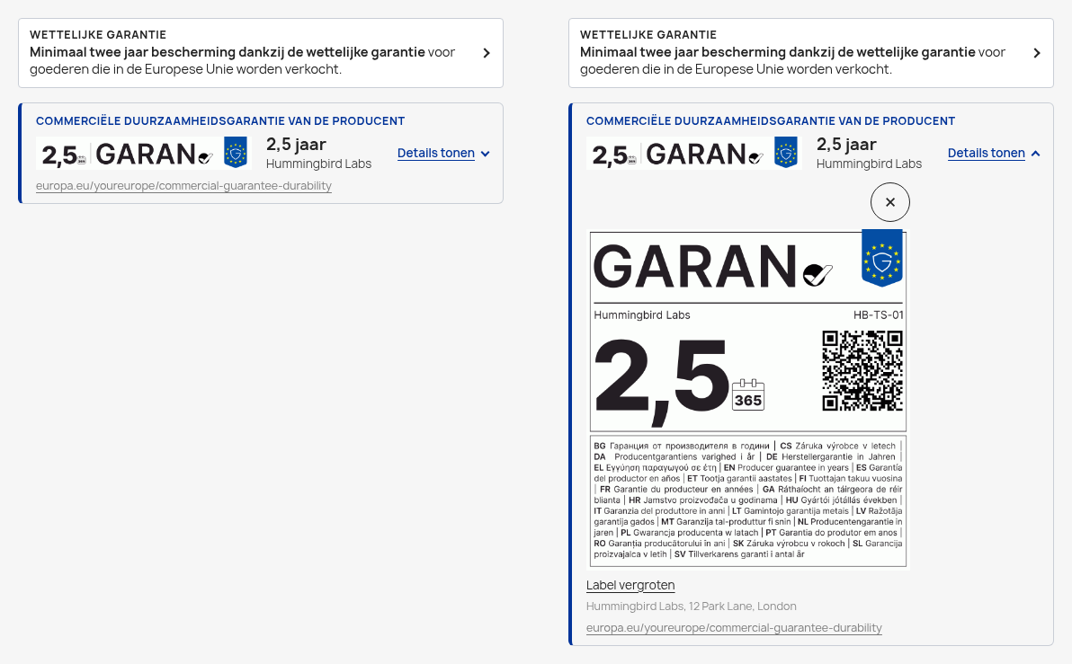 De kaart op de productpagina, gesloten en geopend
