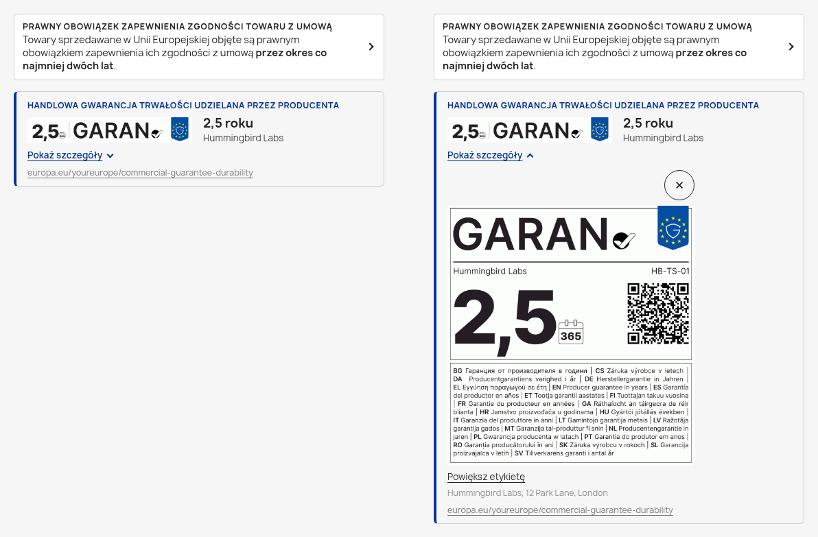 Karta na stronie produktu, zamknięta i otwarta