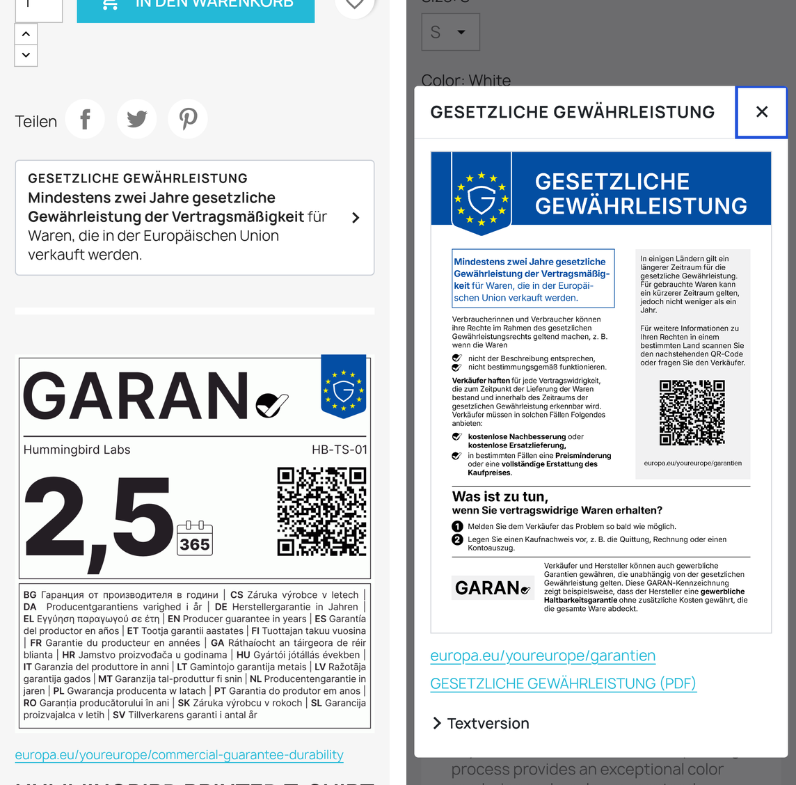 Hinweis und GARAN-Kennzeichnung auf dem Smartphone