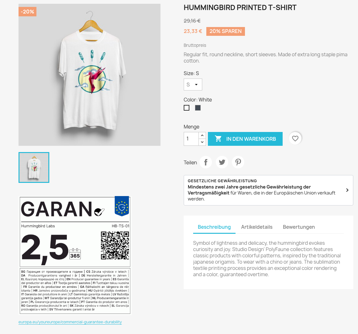 Produktseite mit Hinweis und GARAN-Kennzeichnung