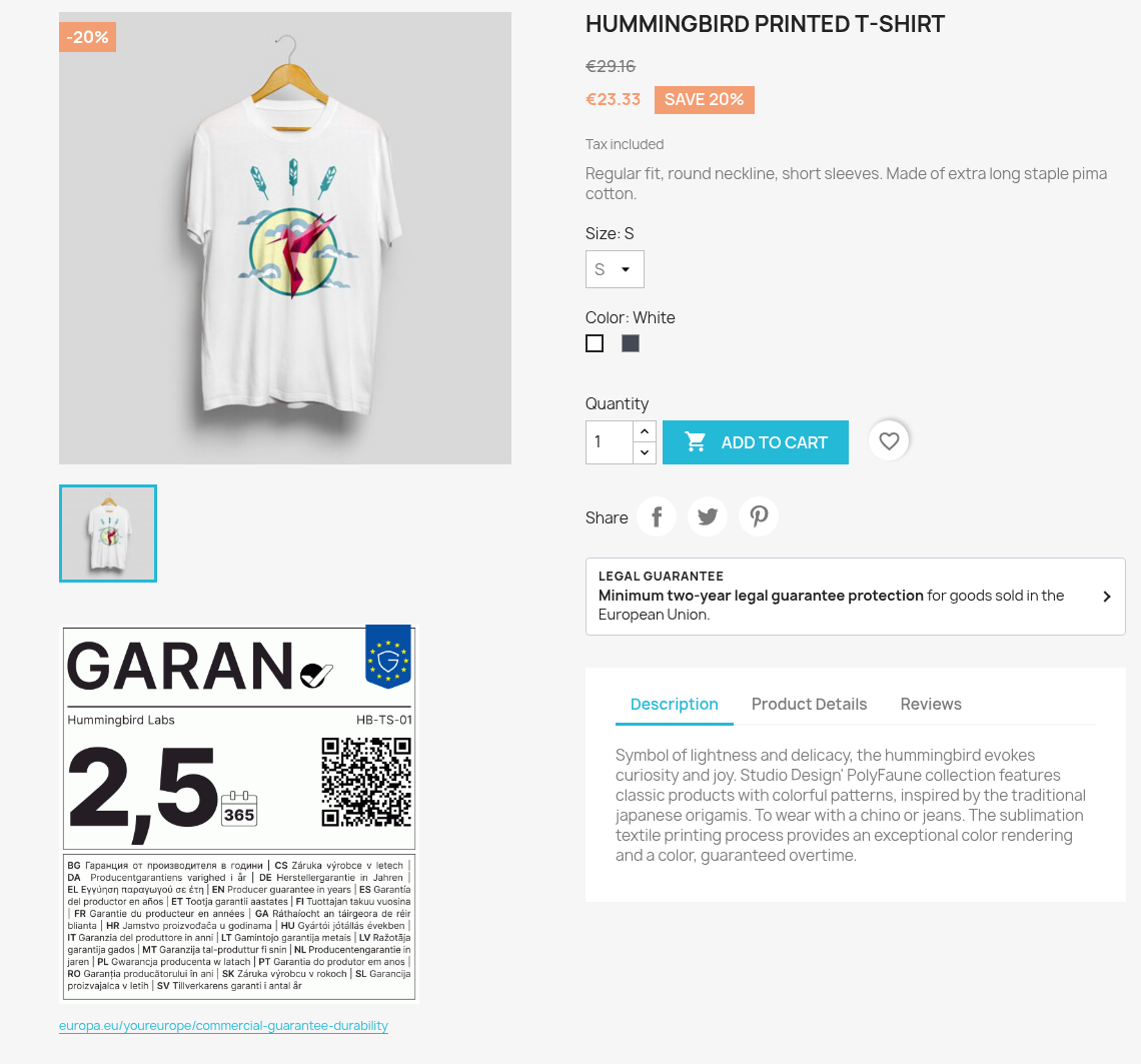 Product page with the notice and the GARAN label