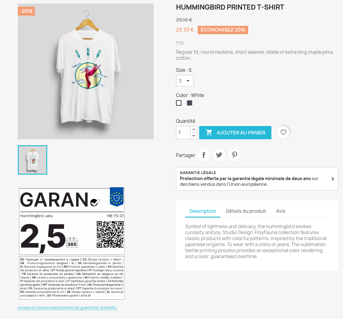 Fiche produit avec l'avis et le label GARAN