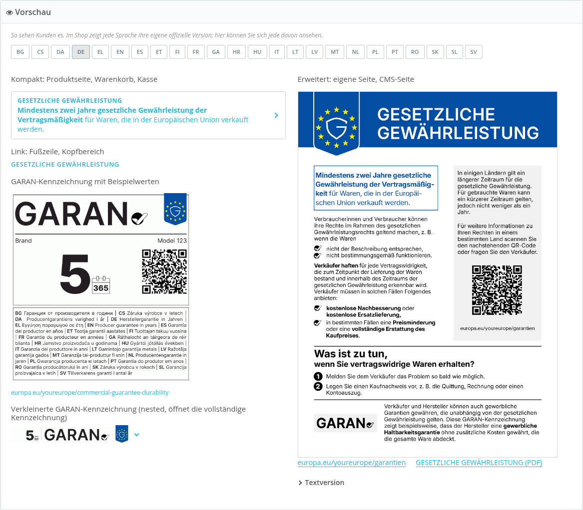 Vorschau des Hinweises und der GARAN-Kennzeichnung