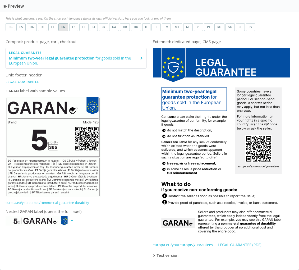 Preview of the notice and the GARAN label