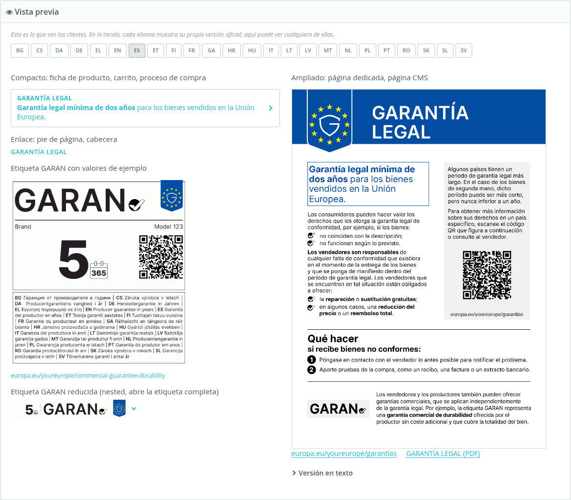 Vista previa del aviso y de la etiqueta GARAN