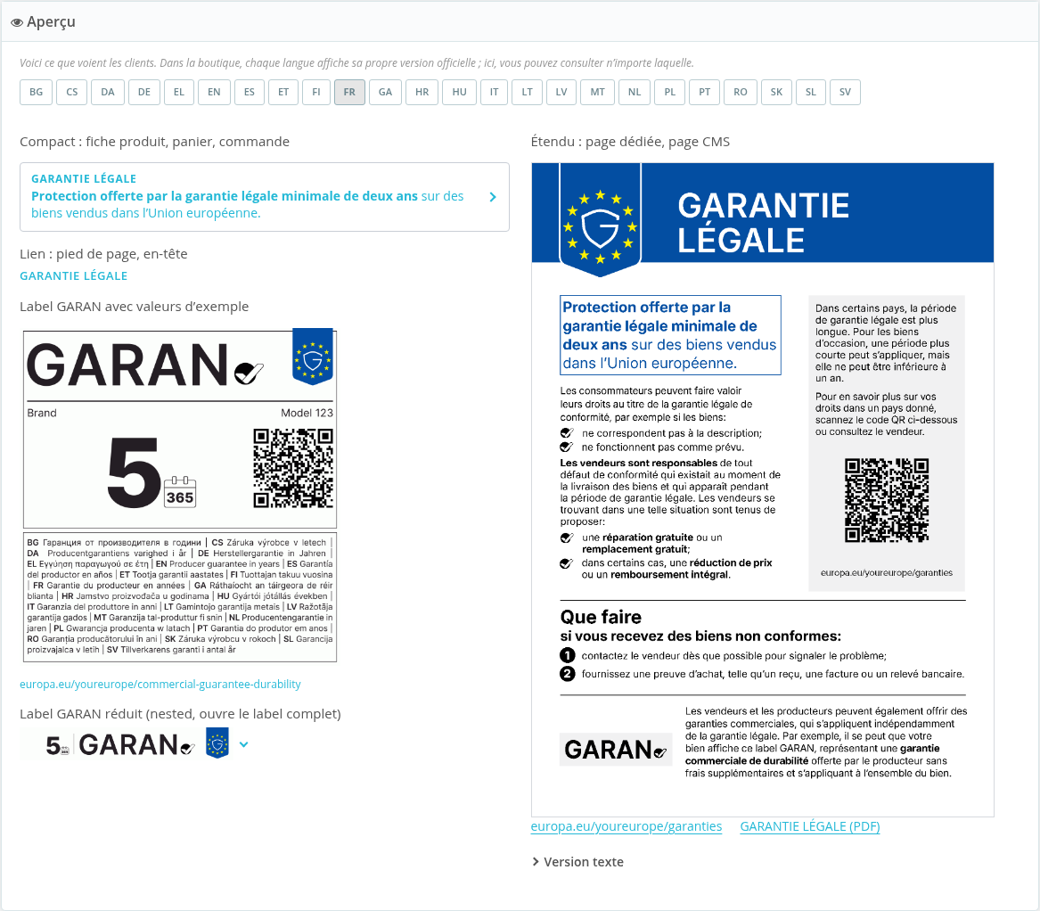 Aperçu de l'avis et du label GARAN