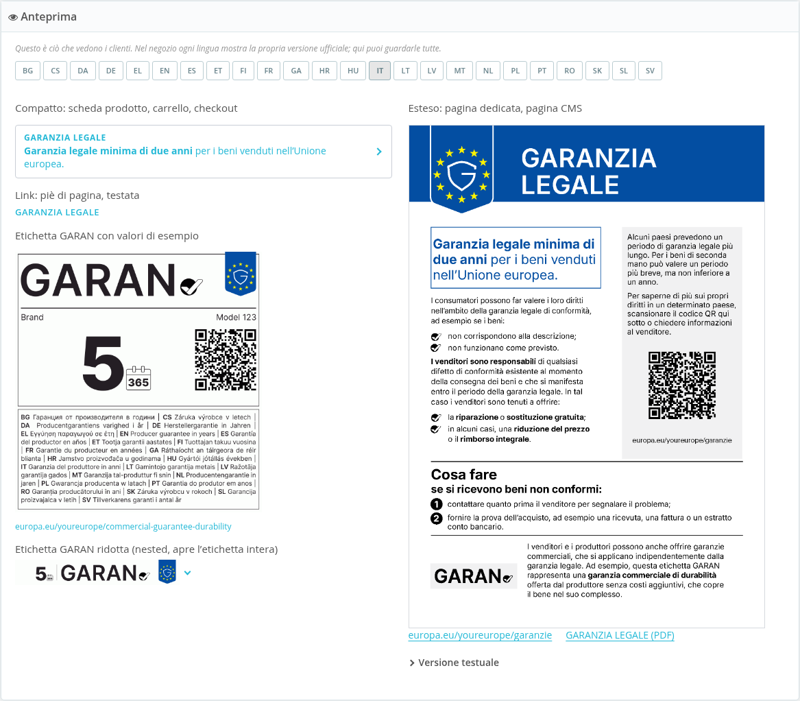 Anteprima dell'avviso e dell'etichetta GARAN