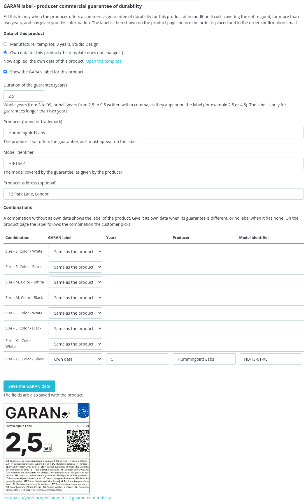 GARAN panel on the product page