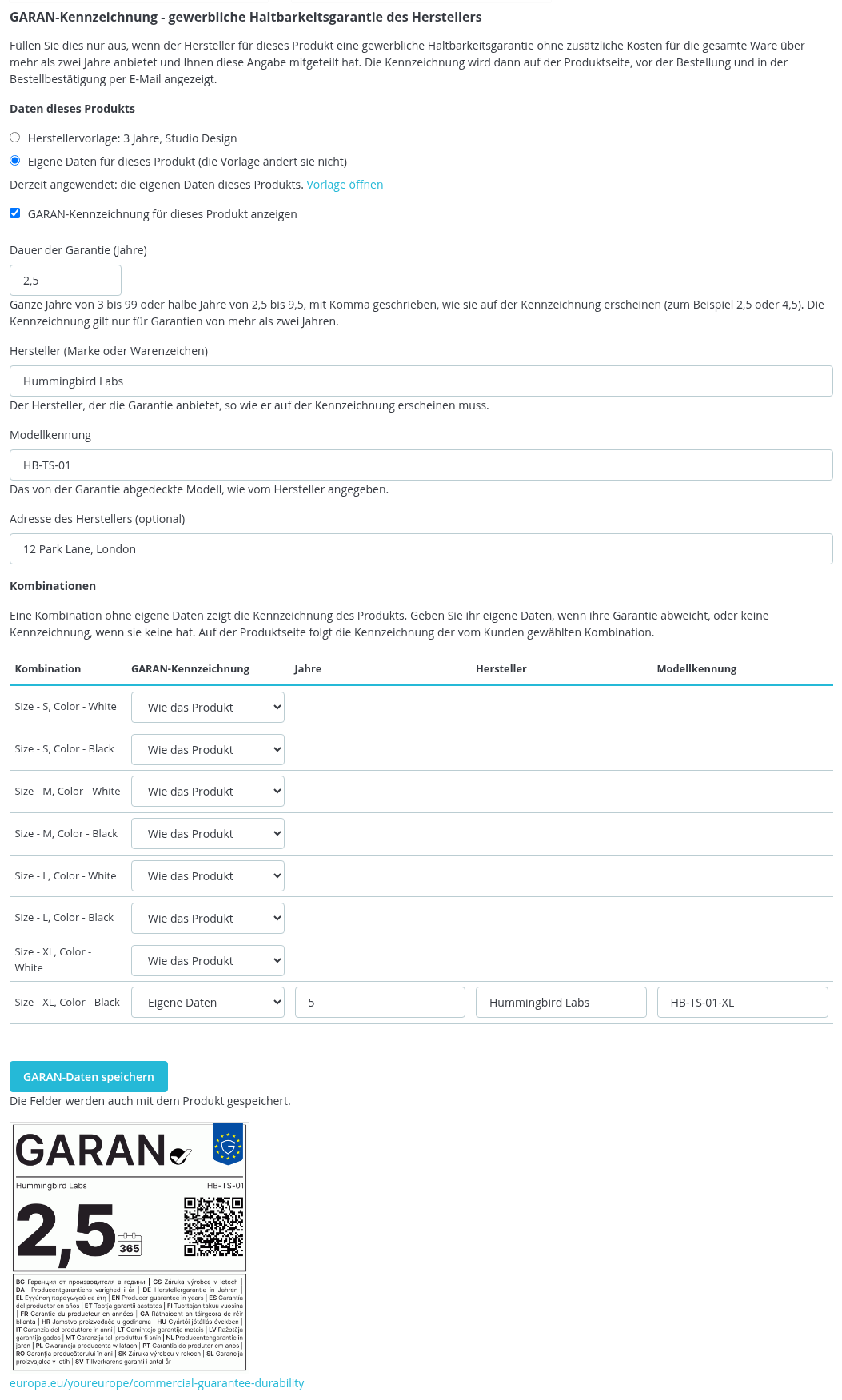 GARAN-Feld auf der Produktseite