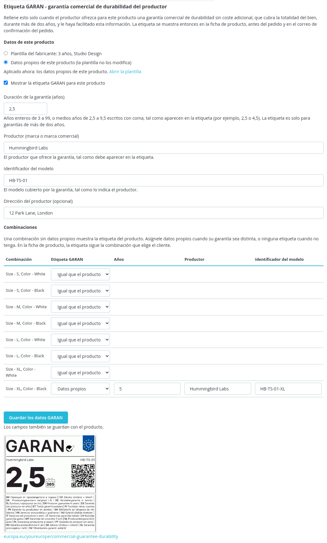 Panel GARAN en la ficha de producto