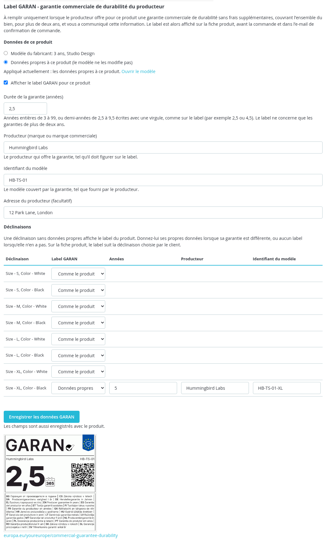 Panneau GARAN sur la fiche produit