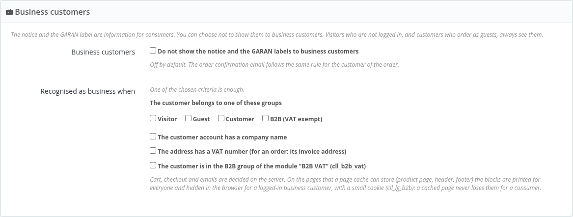 Business customers settings