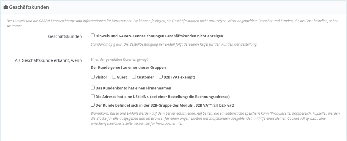 Einstellungen für Geschäftskunden