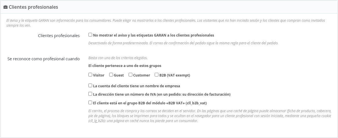 Ajustes de los clientes profesionales