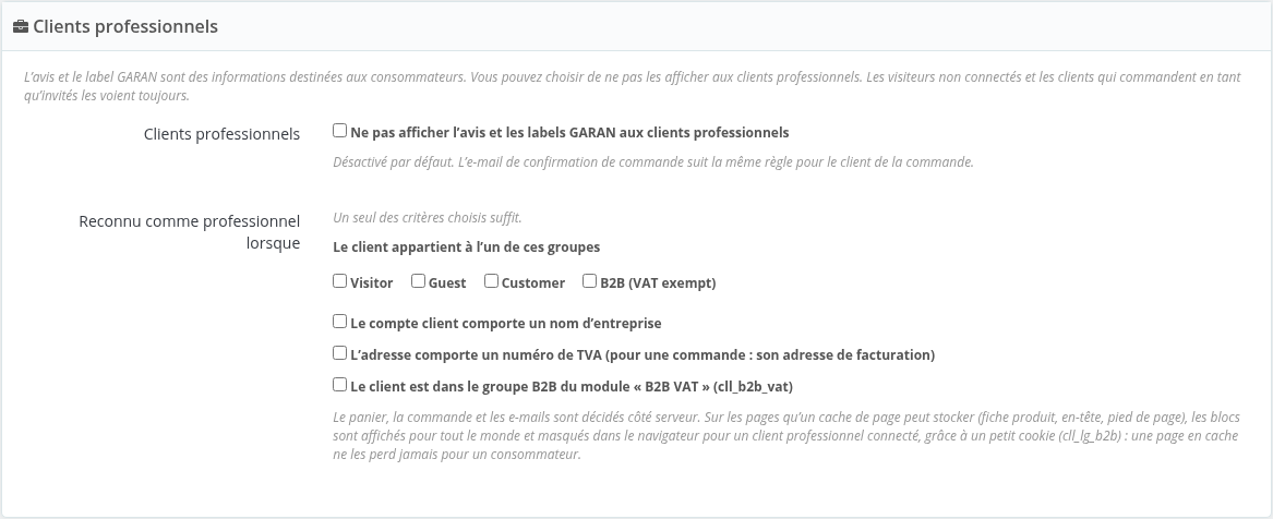 Réglages des clients professionnels