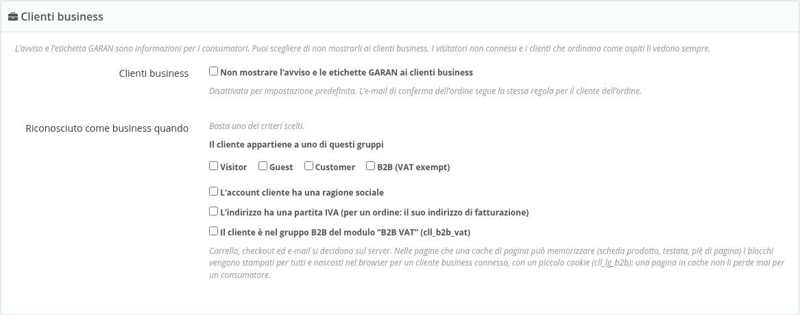 Impostazioni dei clienti business