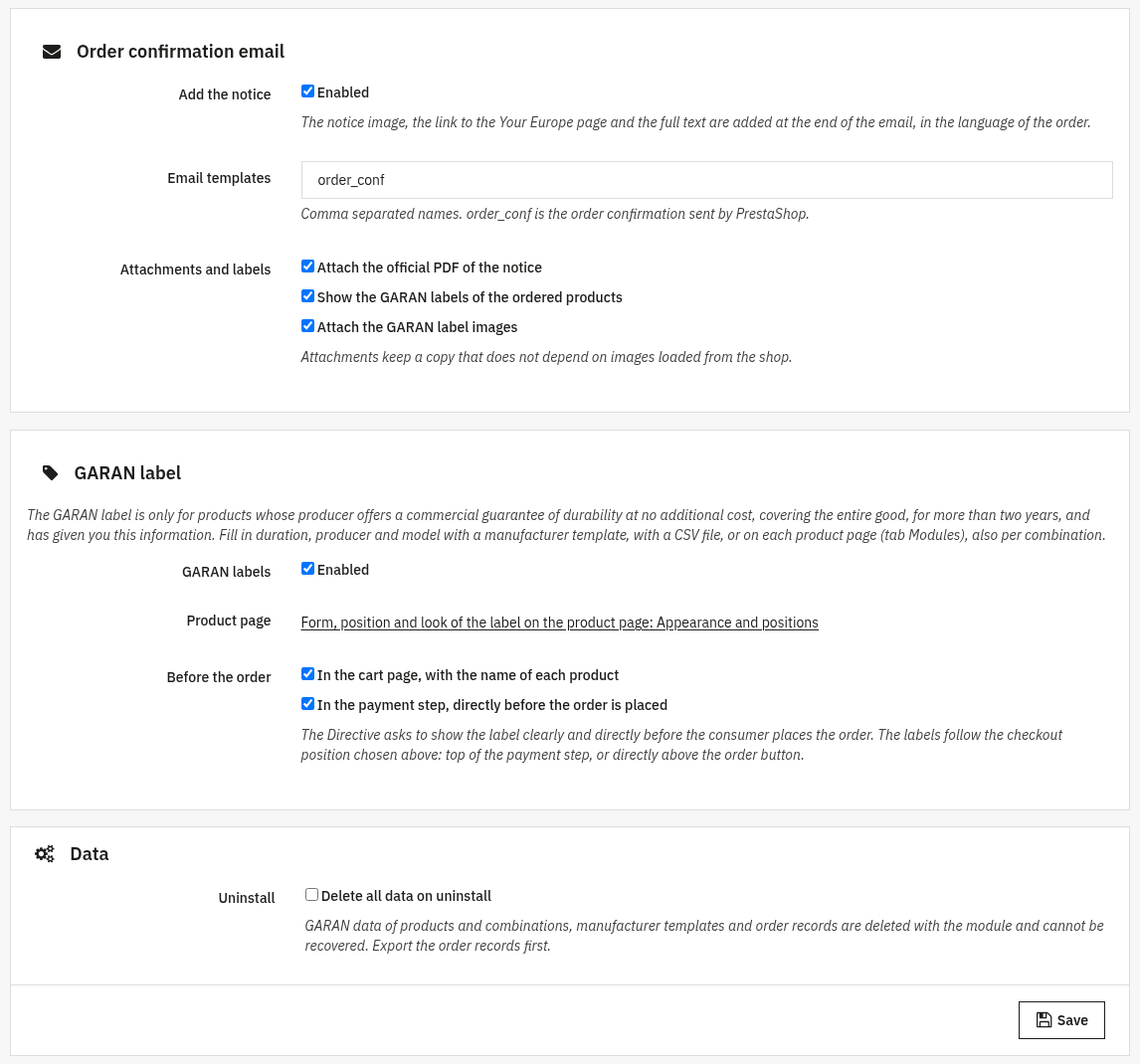 Email, GARAN label and data settings