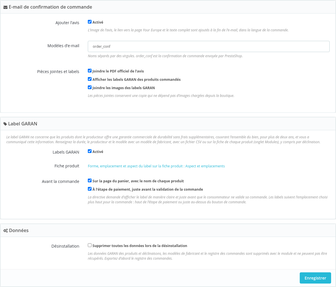 Réglages de l'e-mail, du label GARAN et des données