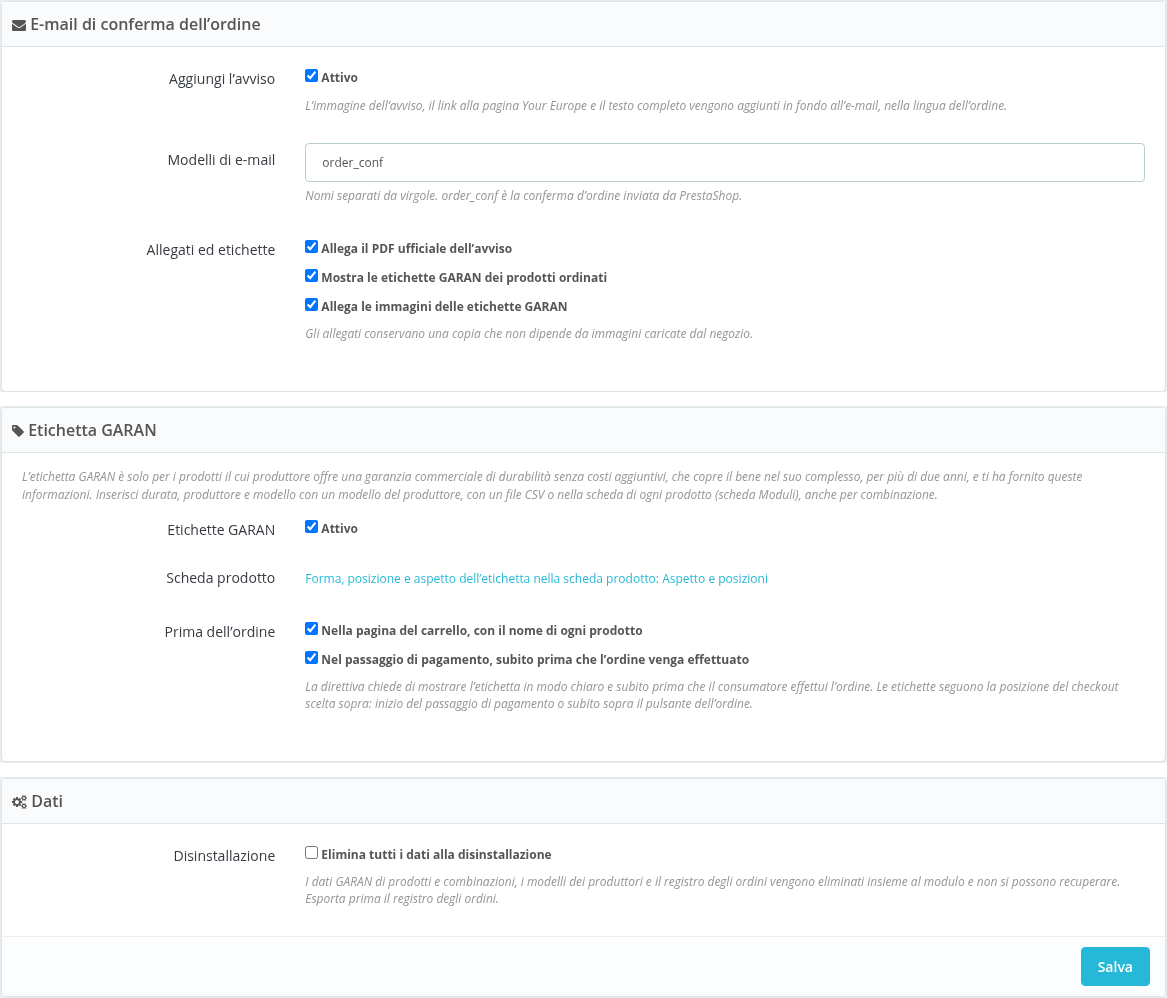 Impostazioni di mail, etichetta GARAN e dati
