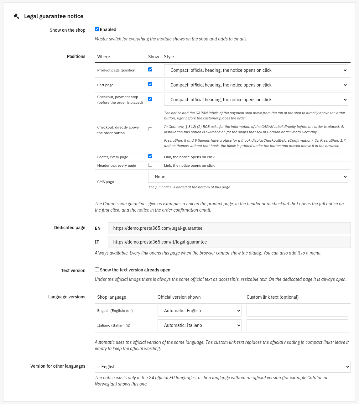 Settings of the legal guarantee notice