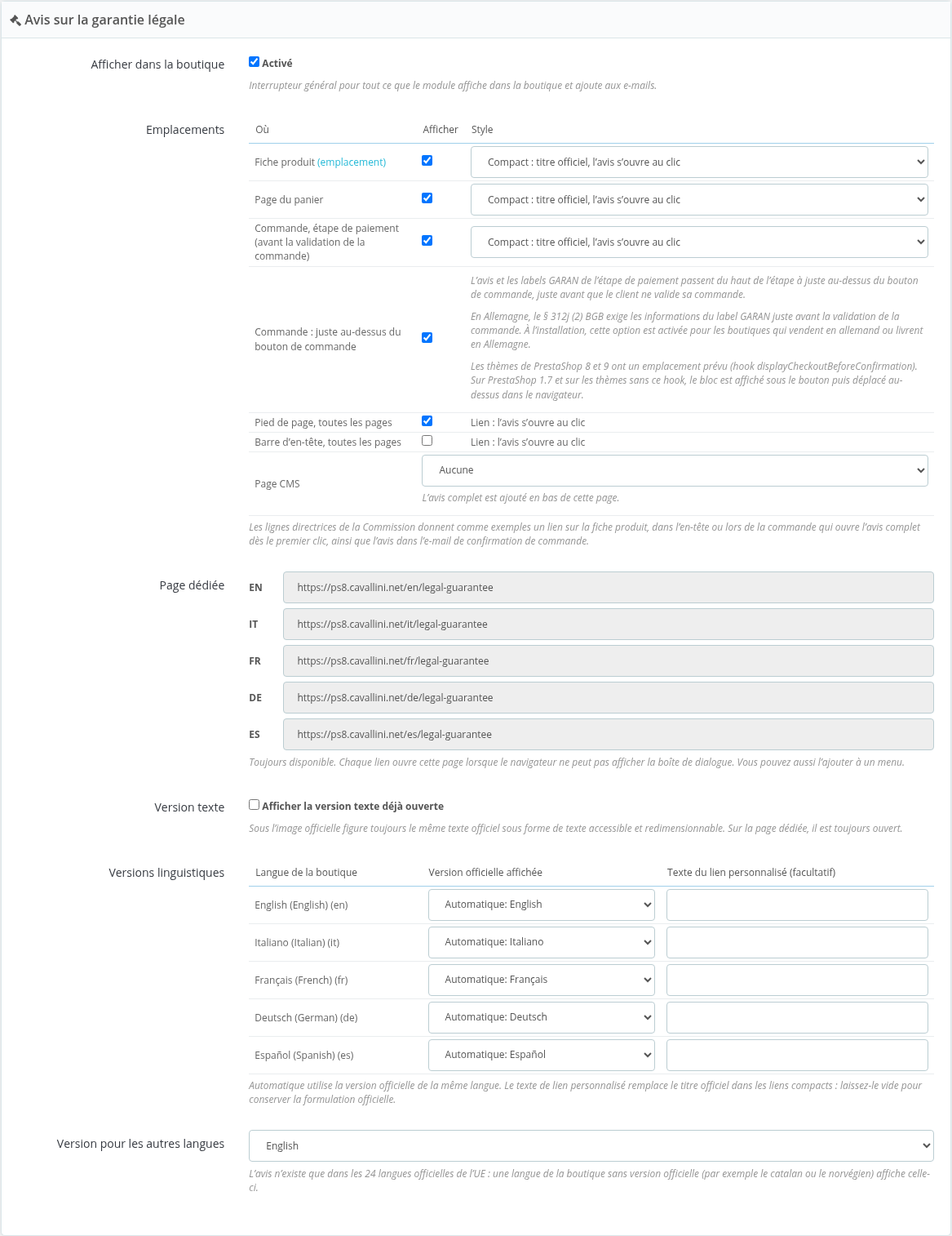Réglages de l'avis sur la garantie légale