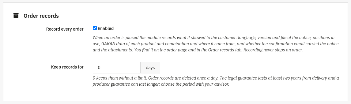 Order records settings